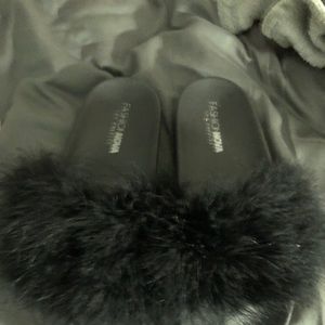 Fashion nova black furry slides sandals